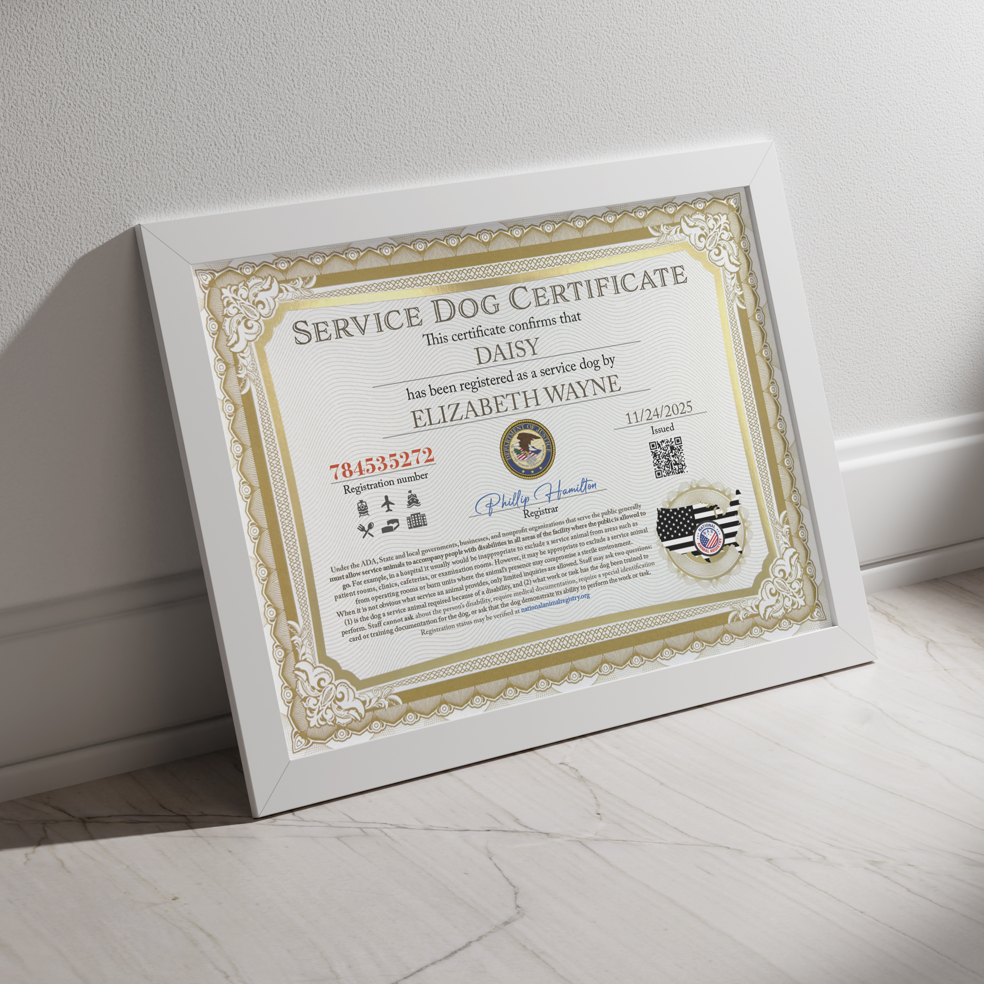 Printed Service Dog Certificate