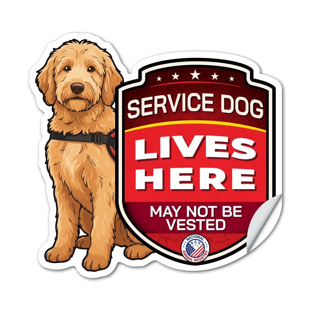 Service Dog Lives Here Goldendoodle Sticker – Working Dog Warning Decal – May Not Be Vested – Weatherproof Vinyl