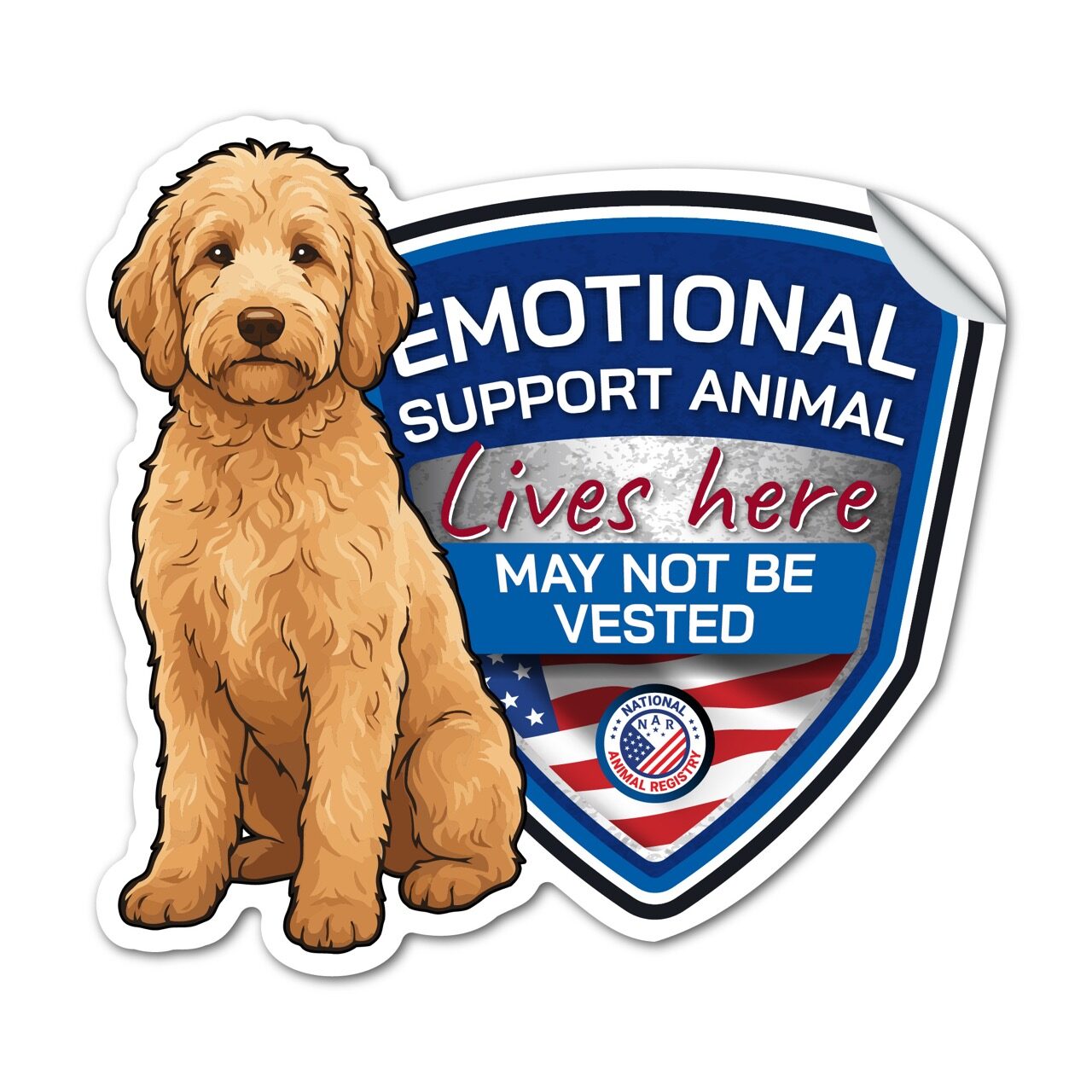 Goldendoodle Emotional Support Animal Sticker No Vest – ESA Lives Here Sign Decal – May Not Be Vested – Waterproof Matte Vinyl
