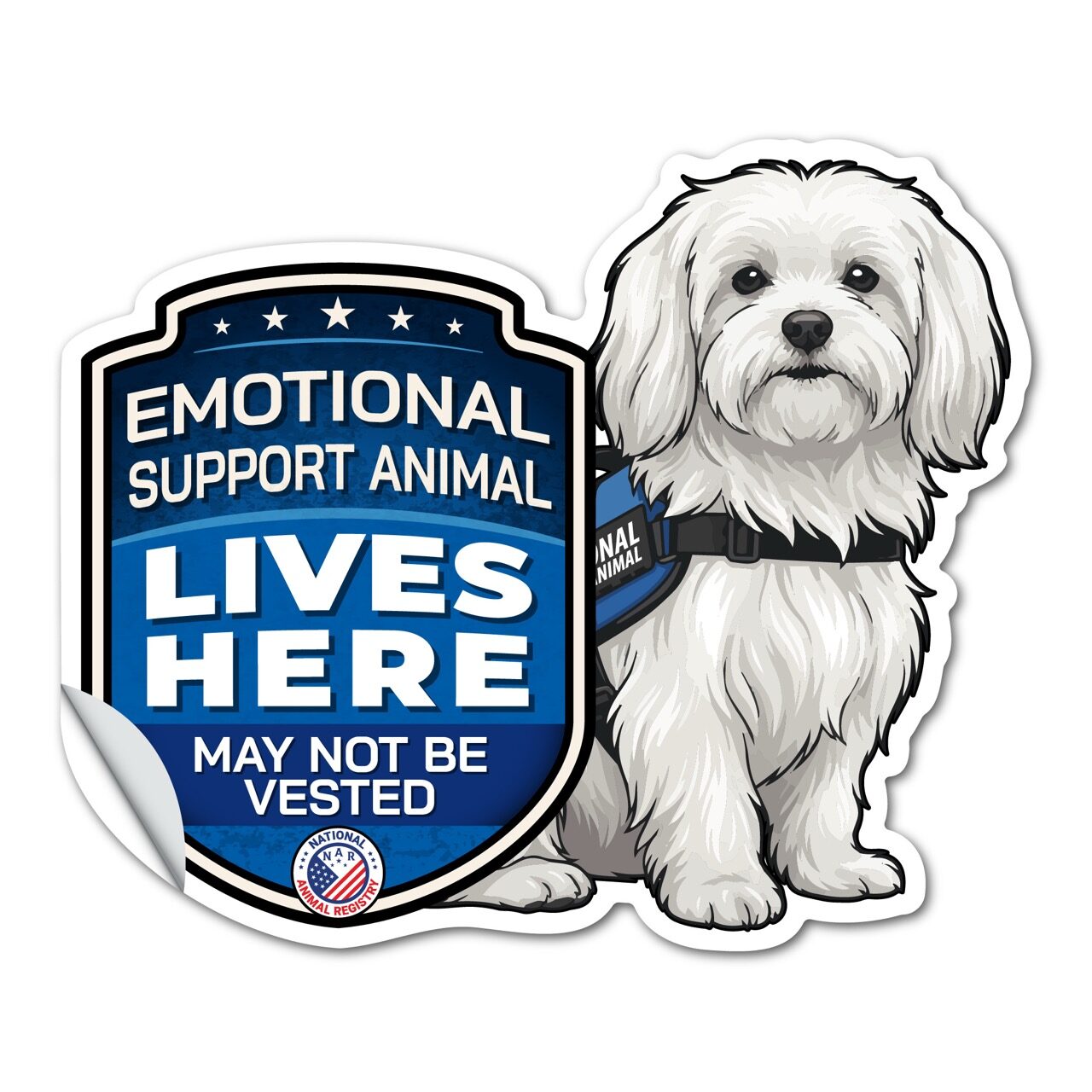 Emotional Support Animal Lives Here Maltese Sticker – ESA Dog Warning Decal – May Not Be Vested – Weatherproof Vinyl